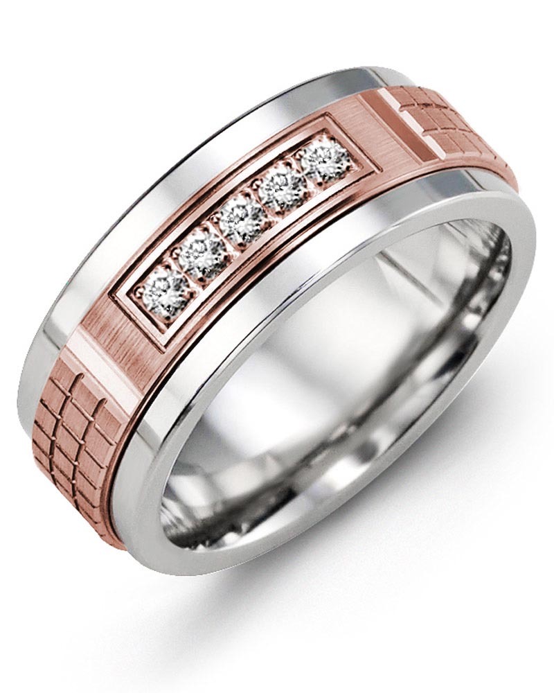 Men's & Women's Tungsten & Rose Gold + 5 Diamonds 0.15ct Wedding Band