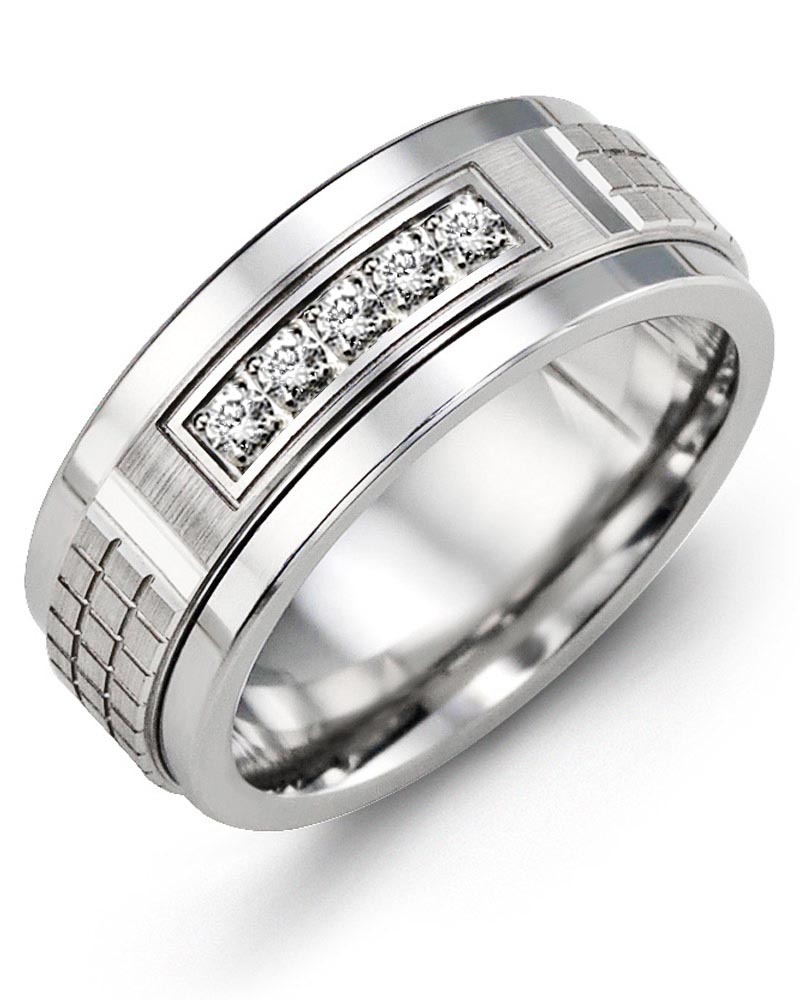 Men's & Women's Tungsten & White Gold + 5 Diamonds 0.15ct Wedding Band from MADANI Rings. Wedding bands, fashion rings, promise rings, made of Tungsten, Ceramic, Cobalt, and Gold. View the collection at madanirings.com