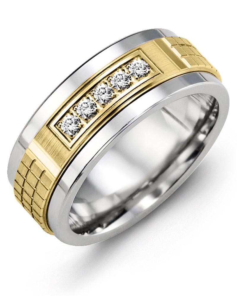Men's & Women's Tungsten & Yellow Gold + 5 Diamonds 0.15ct Wedding Band