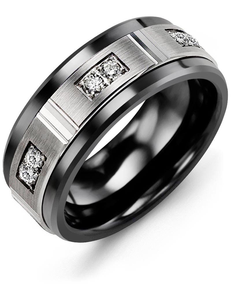 Men's & Women's Black Ceramic & White Gold + 6 Diamonds 0.18ct Wedding Band