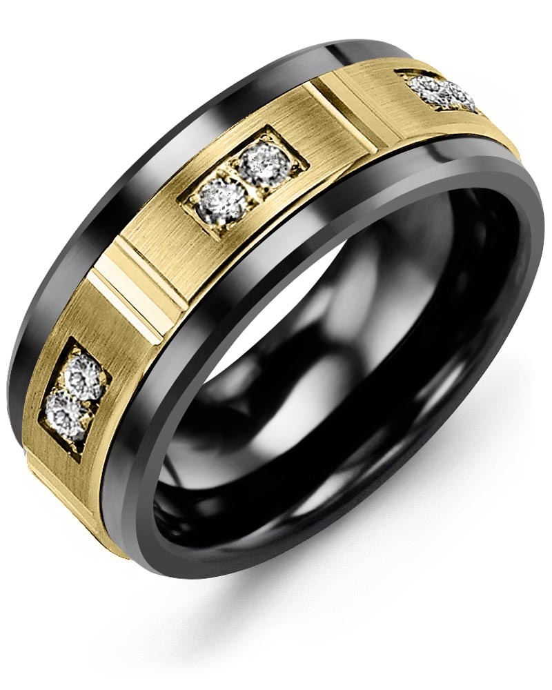 Men's & Women's Black Ceramic & Yellow Gold + 6 Diamonds 0.18ct Wedding Band
