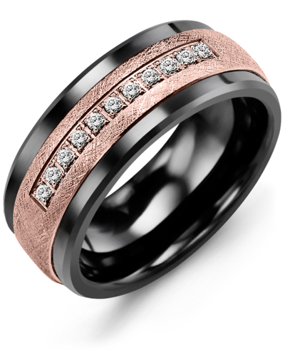 Men's & Women's Black Ceramic & Rose Gold + 11 Diamonds 0.11ct Wedding Band