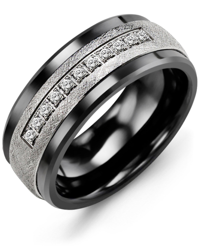 Men's & Women's Black Ceramic & White Gold + 11 Diamonds 0.11ct Wedding Band