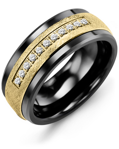 Men's & Women's Black Ceramic & Yellow Gold + 11 Diamonds 0.11ct Wedding Band