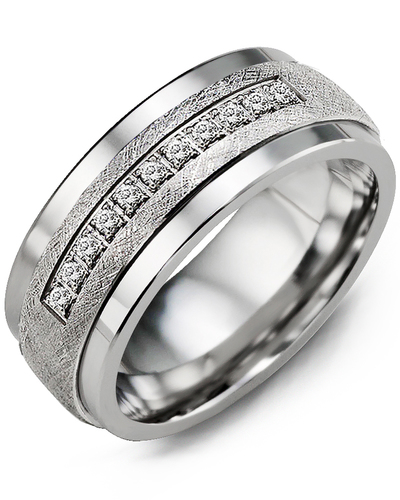 Men's Brushed Diamond Wedding Band in Tungsten White Gold 9mm 15 ...