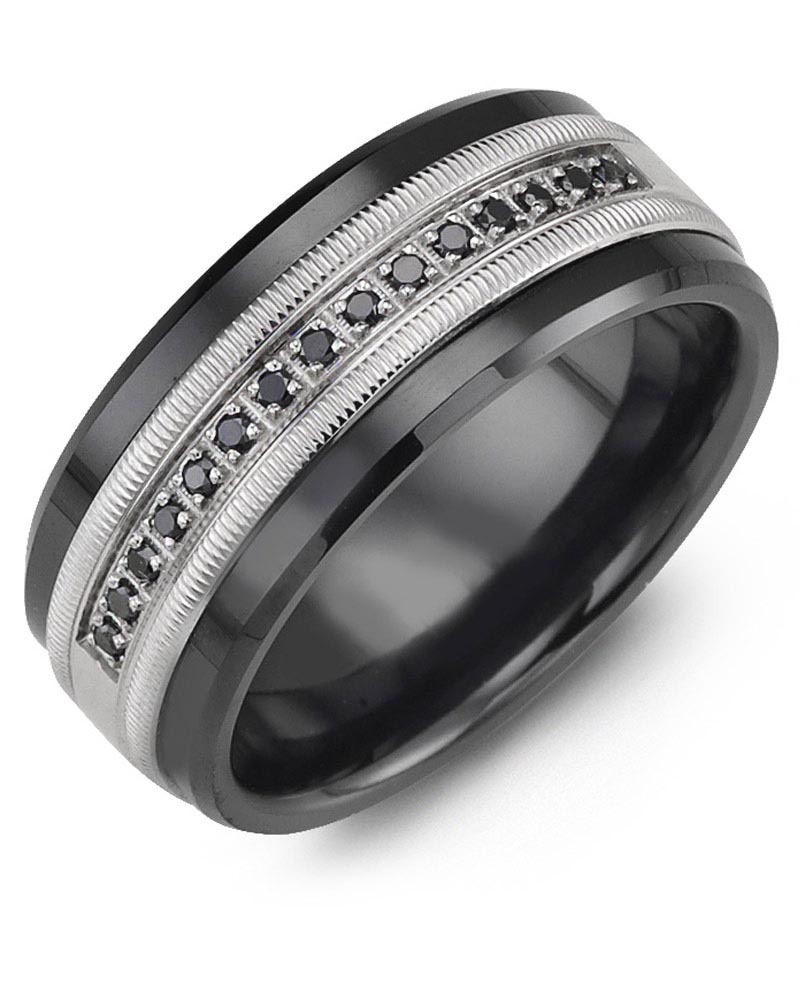 Men's & Women's Black Ceramic & White Gold + 15 Black Diamonds 0.15ct Wedding Band