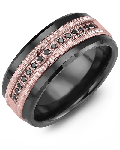 Men's & Women's Black Ceramic & Rose Gold + 15 Black Diamonds 0.15ct Wedding Band