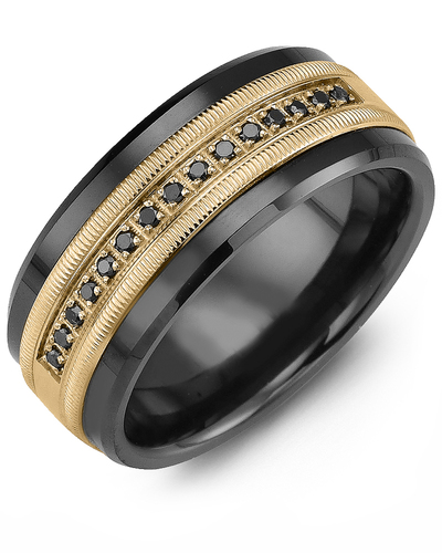 Men's & Women's Black Ceramic & Yellow Gold + 15 Black Diamonds 0.15ct Wedding Band
