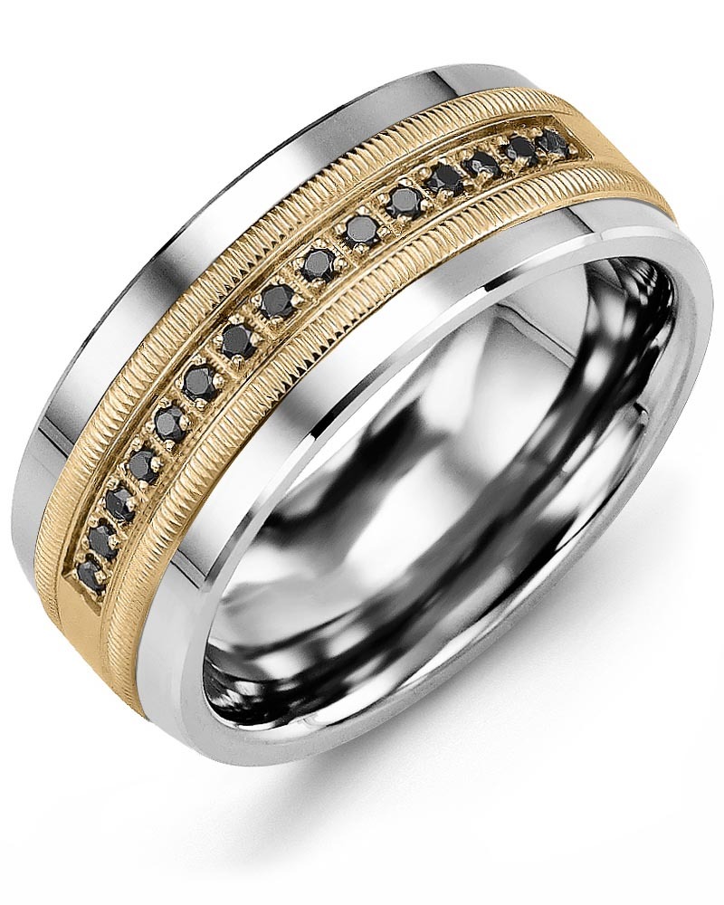 Men's & Women's Cobalt & Yellow Gold + 15 Black Diamonds 0.15ct Wedding Band