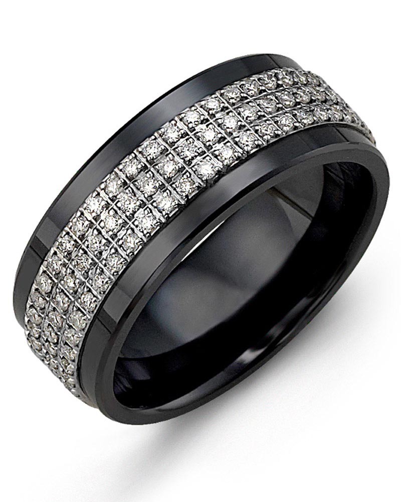 Men's & Women's Black Ceramic & White Gold + 135 Diamonds 1.35ct Wedding Band