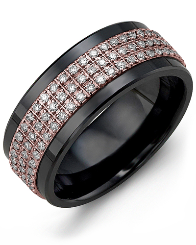 Men's & Women's Black Ceramic & Rose Gold + 135 Diamonds 1.35ct Wedding Band