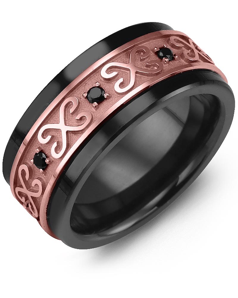 Men's & Women's Black Ceramic & Rose Gold + 8 Black Diamonds 0.16ct Wedding Band
