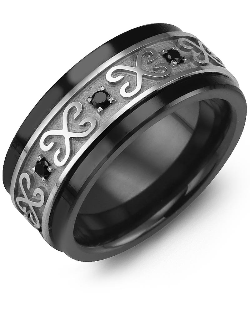 Men's & Women's Black Ceramic & White Gold + 8 Black Diamonds 0.16ct Wedding Band