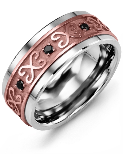 Men's & Women's Tungsten & Rose Gold + 8 Black Diamonds 0.16ct Wedding Band