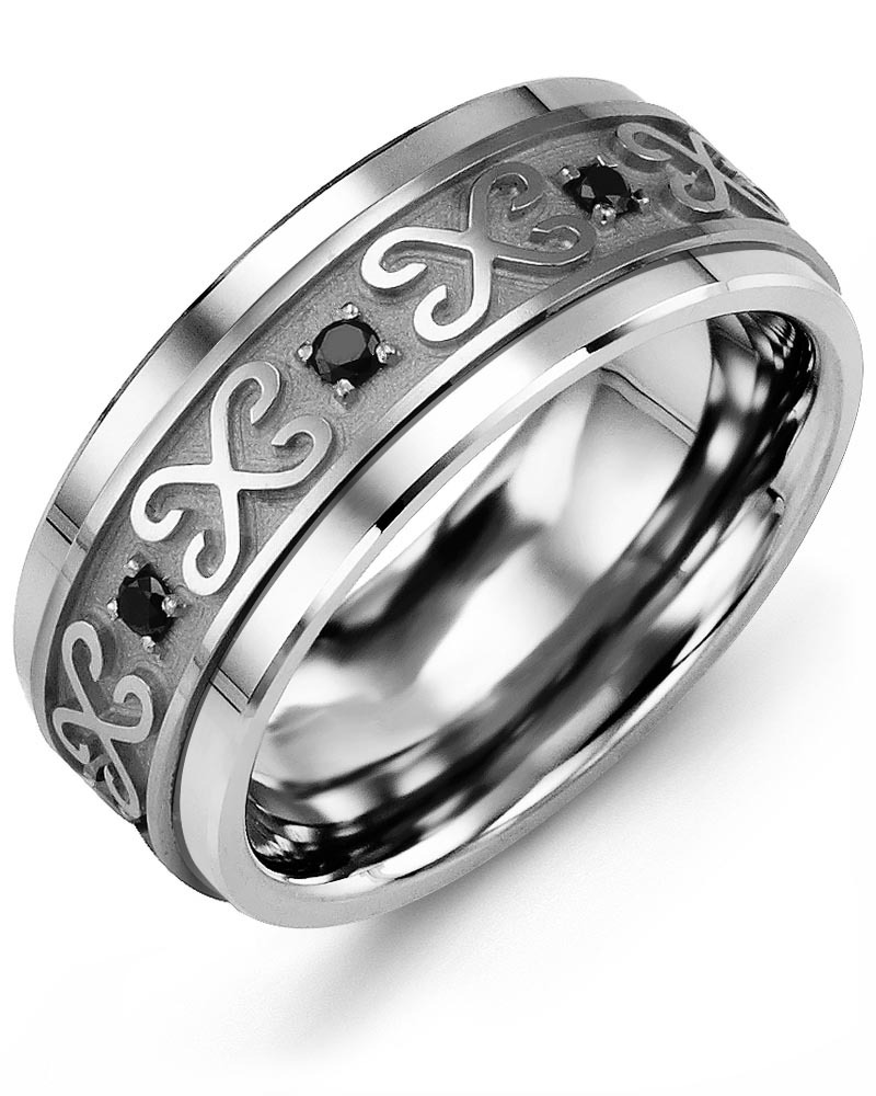 Men's & Women's Tungsten & White Gold + 8 Black Diamonds 0.16ct Wedding Band from MADANI Rings. Wedding bands, fashion rings, promise rings, made of Tungsten, Ceramic, Cobalt, and Gold. View the collection at madanirings.com