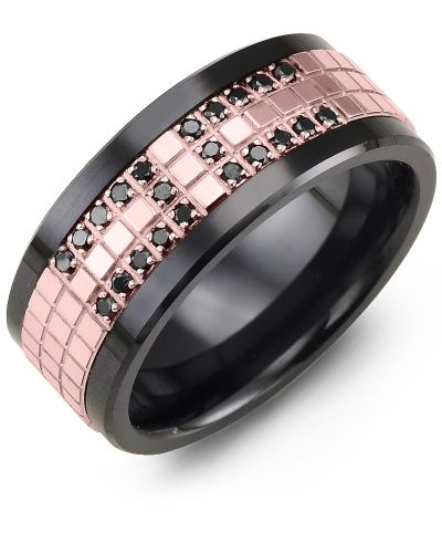 Men's & Women's Black Ceramic & Rose Gold + 22 Black Diamonds 0.22ct Wedding Band