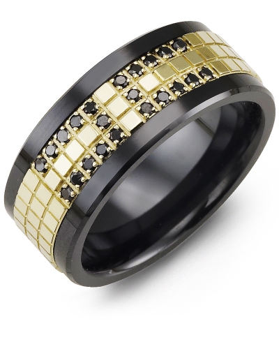 Men's & Women's Black Ceramic & Yellow Gold + 22 Black Diamonds 0.22ct Wedding Band