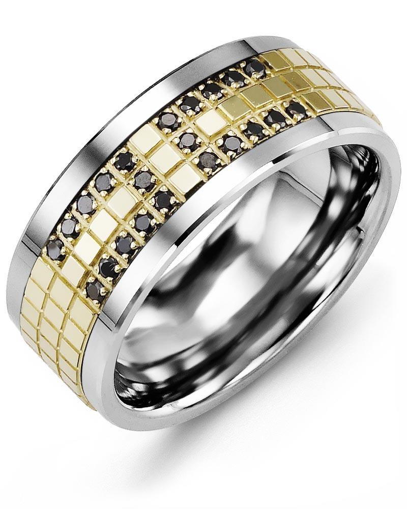 Men's & Women's Cobalt & Yellow Gold + 22 Black Diamonds 0.22ct Wedding Band