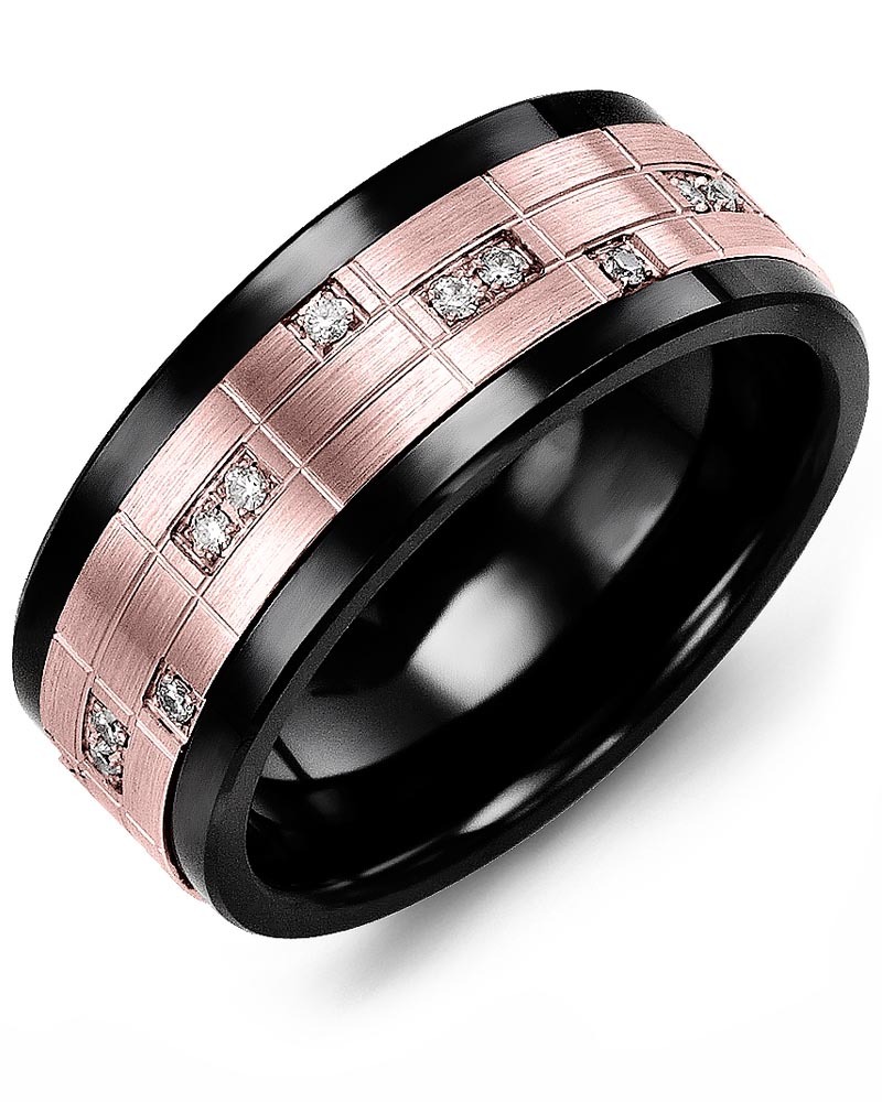 Men's & Women's Black Ceramic & Rose Gold + 14 Diamonds 0.14ct Wedding Band
