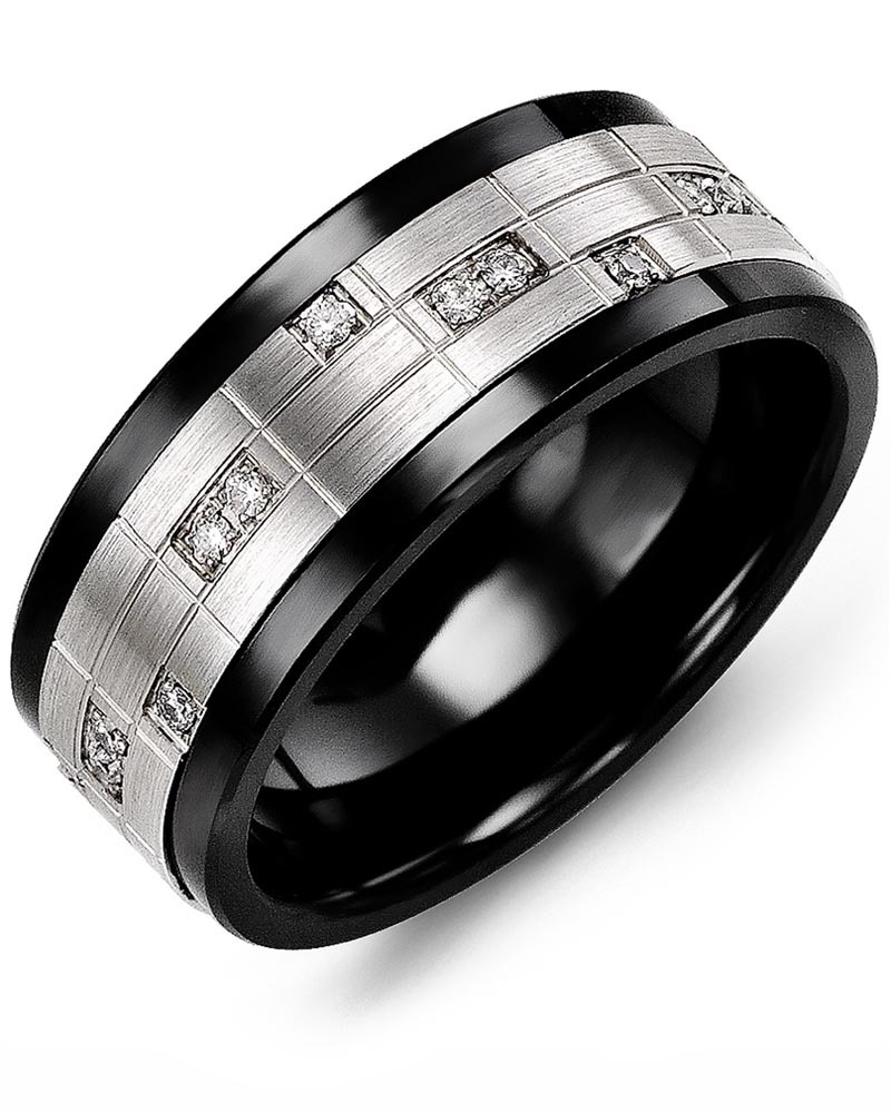 Men's & Women's Black Ceramic & White Gold + 14 Diamonds 0.14ct Wedding Band from MADANI Rings. Wedding bands, fashion rings, promise rings, made of Tungsten, Ceramic, Cobalt, and Gold. View the collection at madanirings.com