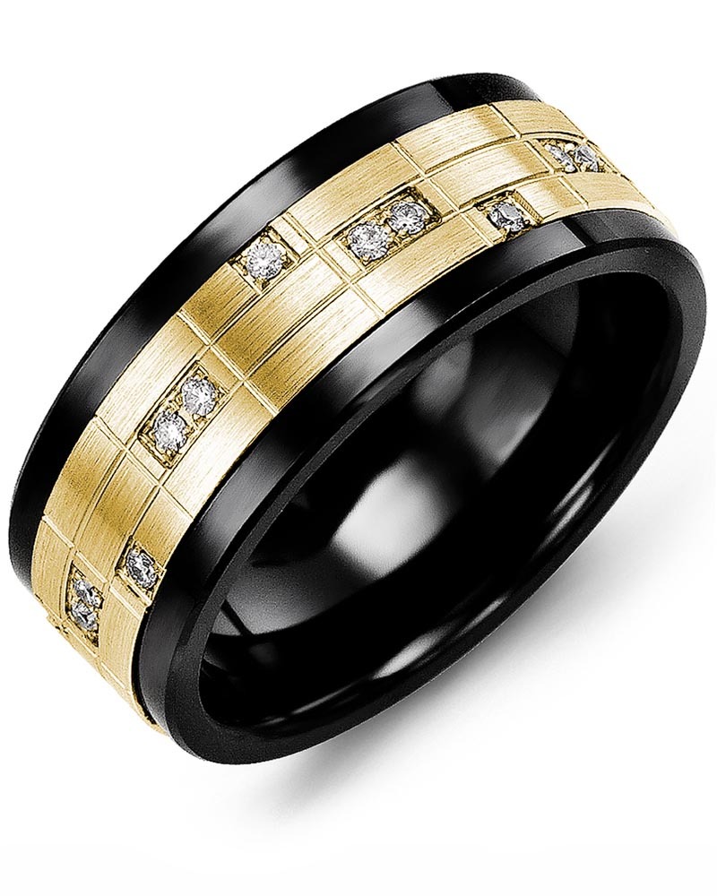 Men's & Women's Black Ceramic & Yellow Gold + 14 Diamonds 0.14ct Wedding Band