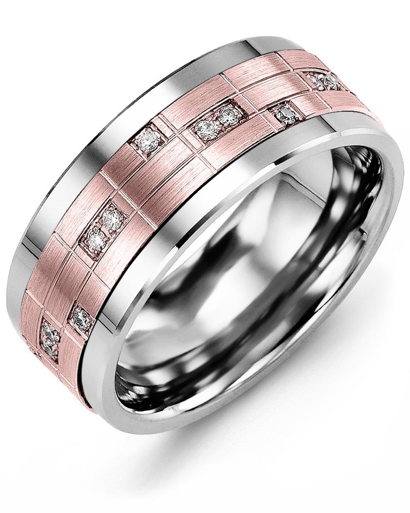 Men's & Women's Tungsten & Rose Gold + 14 Diamonds 0.14ct Wedding Band