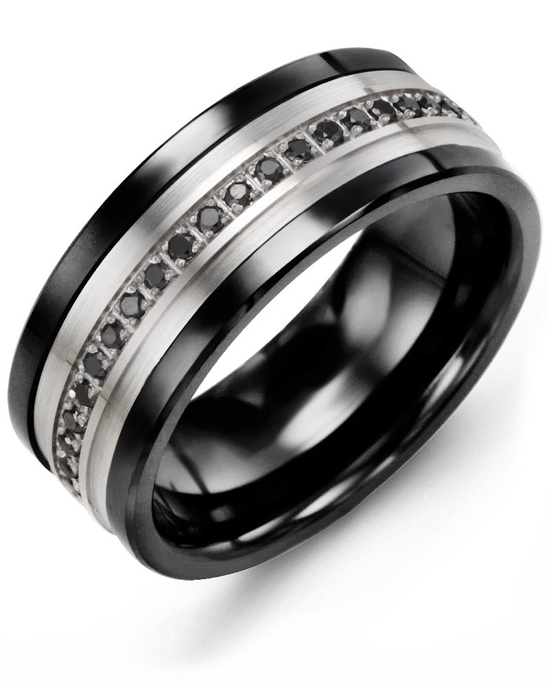 Men's & Women's Black Ceramic & White Gold + 21 Black Diamonds 0.21ct Wedding Band from MADANI Rings. Wedding bands, fashion rings, promise rings, made of Tungsten, Ceramic, Cobalt, and Gold. View the collection at madanirings.com