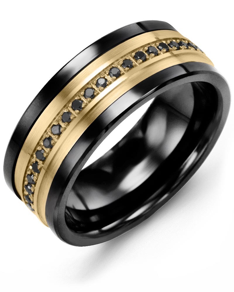 Men's & Women's Black Ceramic & Yellow Gold + 21 Black Diamonds 0.21ct Wedding Band