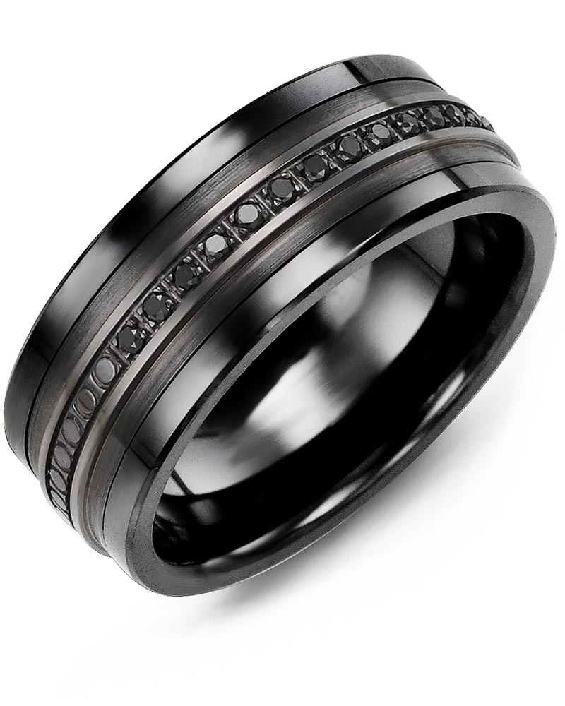 Men's & Women's Black Ceramic & Black Gold + 15 Black Diamonds 0.15ct Wedding Band from MADANI Rings. Wedding bands, fashion rings, promise rings, made of Tungsten, Ceramic, Cobalt, and Gold. View the collection at madanirings.com