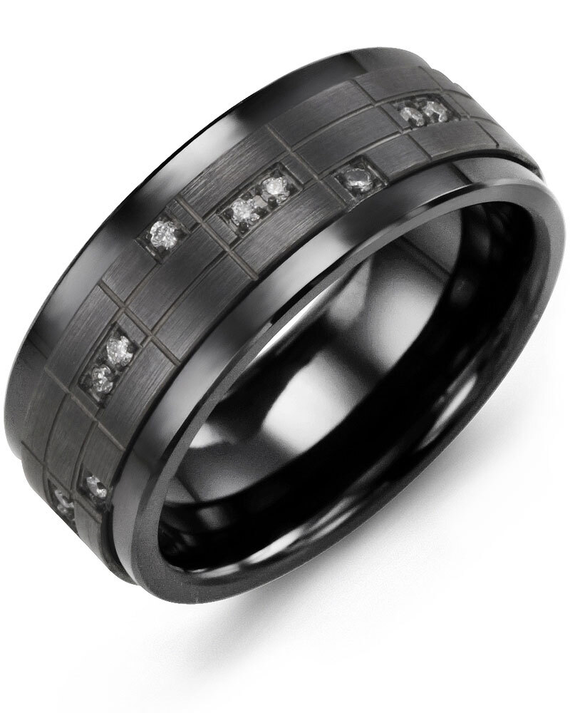 Men's & Women's Black Ceramic & Black Gold + 14 Diamonds 0.14ct Wedding Band