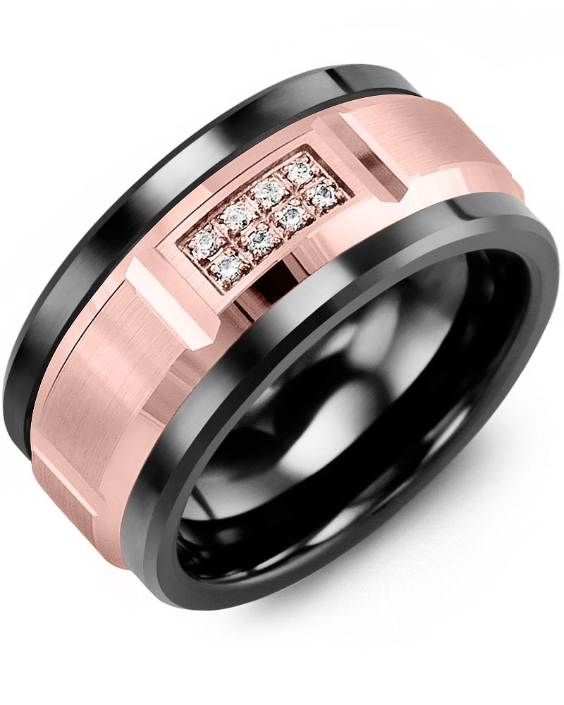 Men's & Women's Black Ceramic & Rose Gold + 8 Diamonds 0.08ct Wedding Band