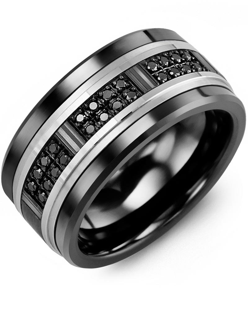 Men's & Women's Black Ceramic & White/Black Gold + 24 Black Diamonds 0.24ct Wedding Band