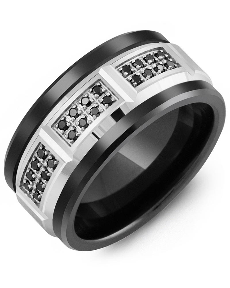 Men's & Women's Black Ceramic & White Gold + 24 Black Diamonds 0.24ct Wedding Band