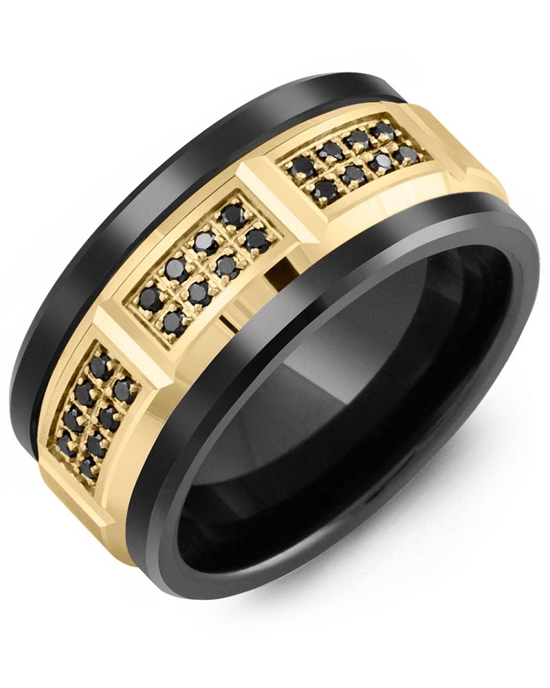 Men's & Women's Black Ceramic & Yellow Gold + 24 Black Diamonds 0.24ct Wedding Band