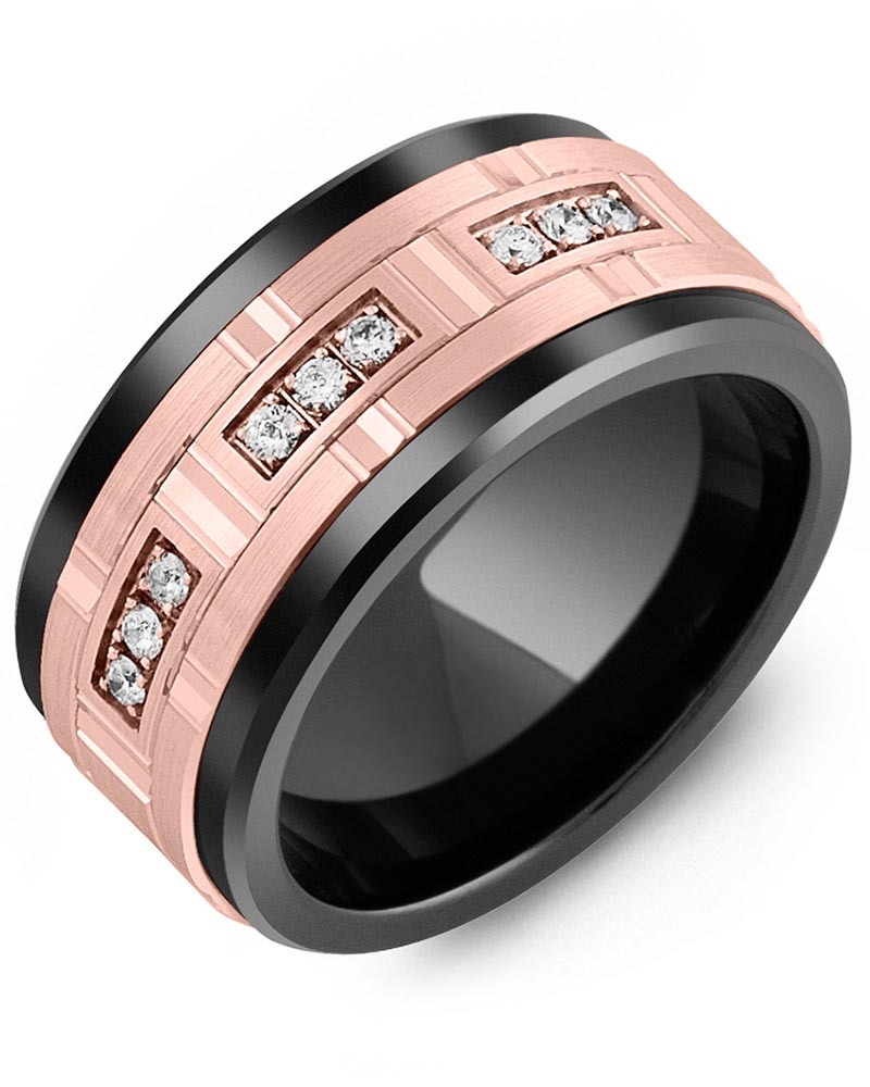 Men's & Women's Black Ceramic & Rose Gold + 9 Diamonds 0.18ct Wedding Band