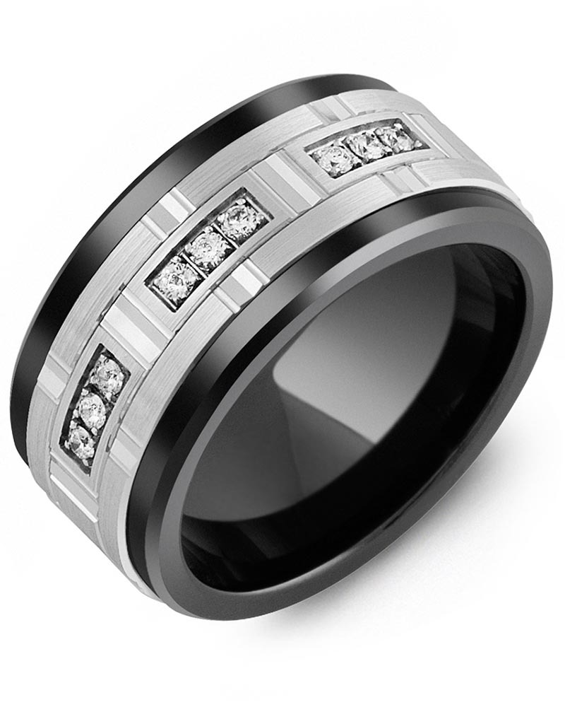 Men's & Women's Black Ceramic & White Gold + 9 Diamonds 0.18ct Wedding Band from MADANI Rings. Wedding bands, fashion rings, promise rings, made of Tungsten, Ceramic, Cobalt, and Gold. View the collection at madanirings.com
