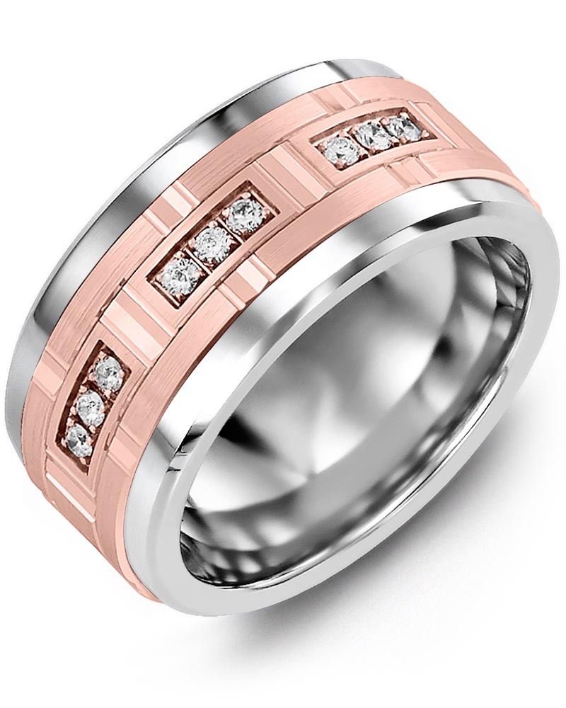 Men's & Women's Tungsten & Rose Gold + 9 Diamonds 0.18ct Wedding Band