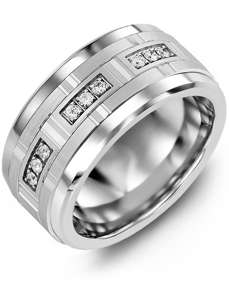 Men's & Women's Tungsten & White Gold + 9 Diamonds 0.18ct Wedding Band