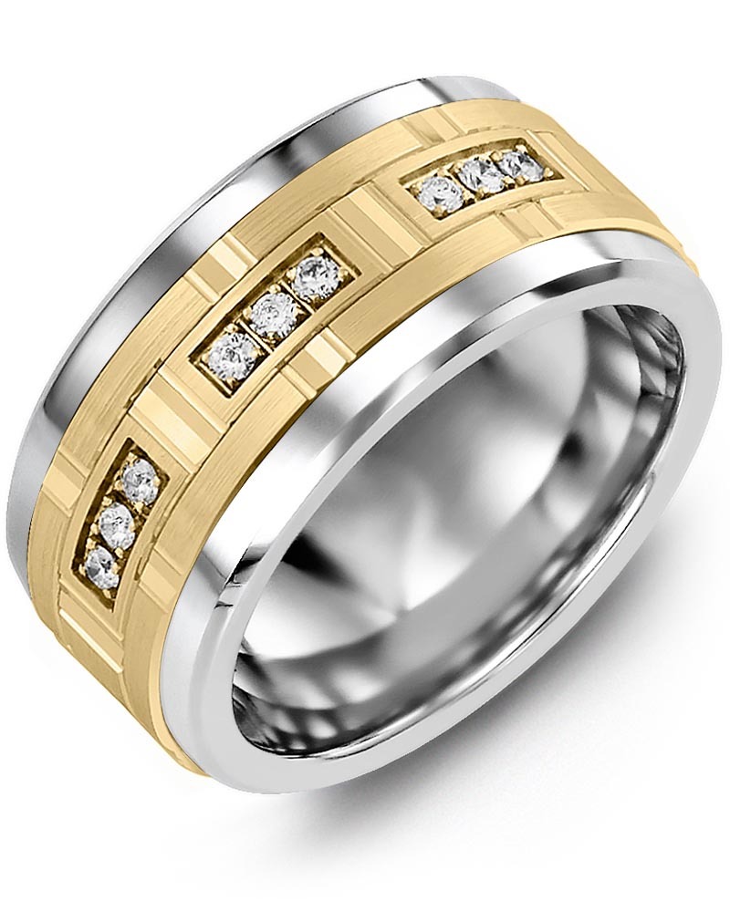 Men's & Women's Tungsten & Yellow Gold + 9 Diamonds 0.18ct Wedding Band