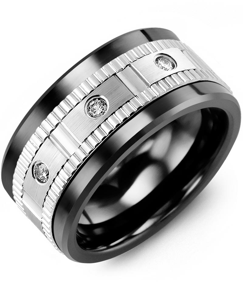 Men's & Women's Black Ceramic & White Gold + 3 Diamonds 0.15ct Wedding Band
