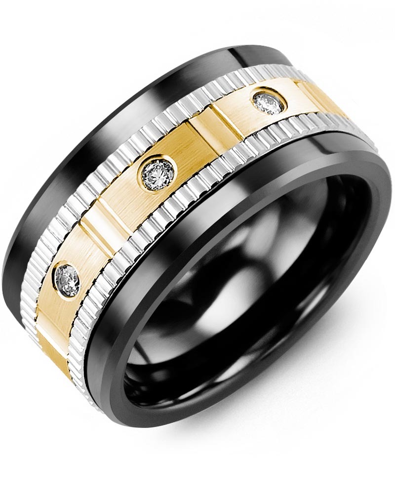 Men's & Women's Black Ceramic & White/Yellow Gold + 3 Diamonds 0.15ct Wedding Band