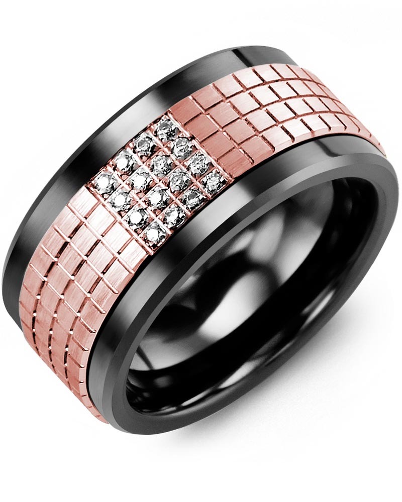 Men's & Women's Black Ceramic & Rose Gold + 16 Diamonds 0.16ct Wedding Band