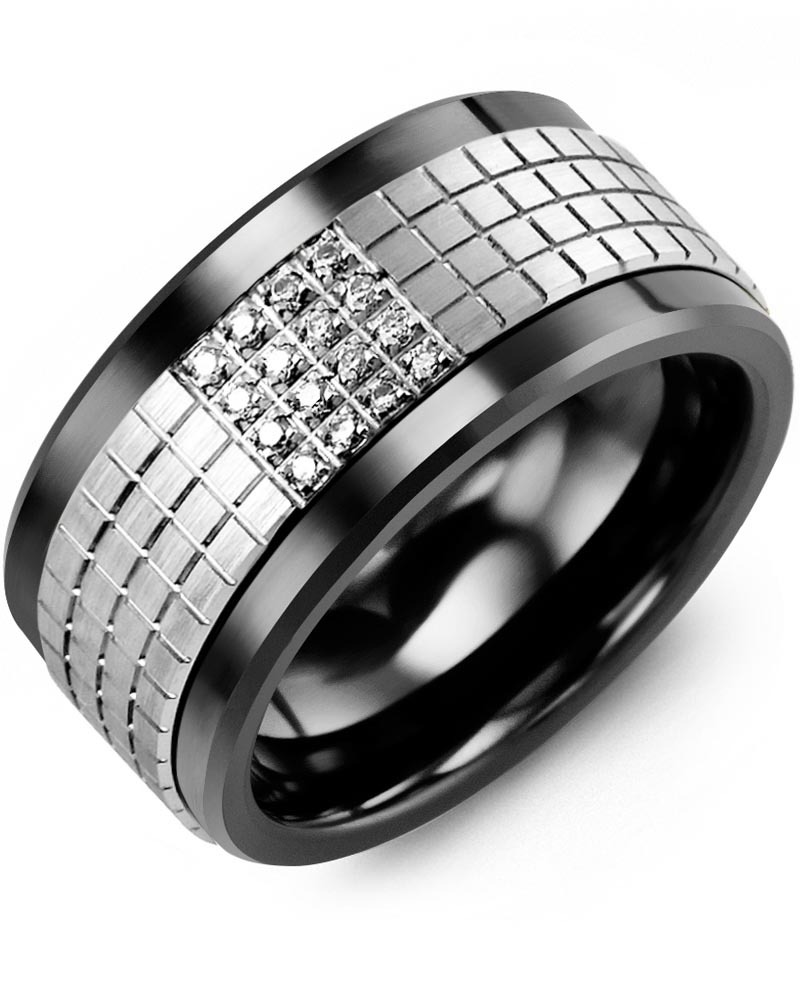 Men's & Women's Black Ceramic & White Gold + 16 Diamonds 0.16ct Wedding Band