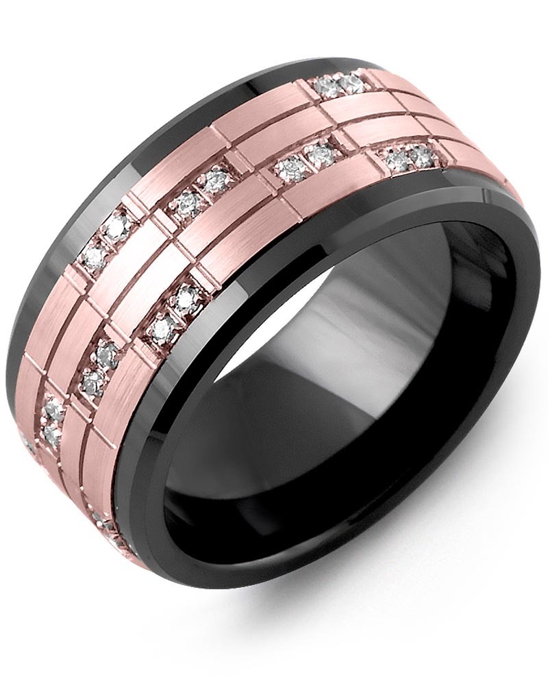 Men's & Women's Black Ceramic & Rose Gold + 20 Diamonds 0.20ct Wedding Band