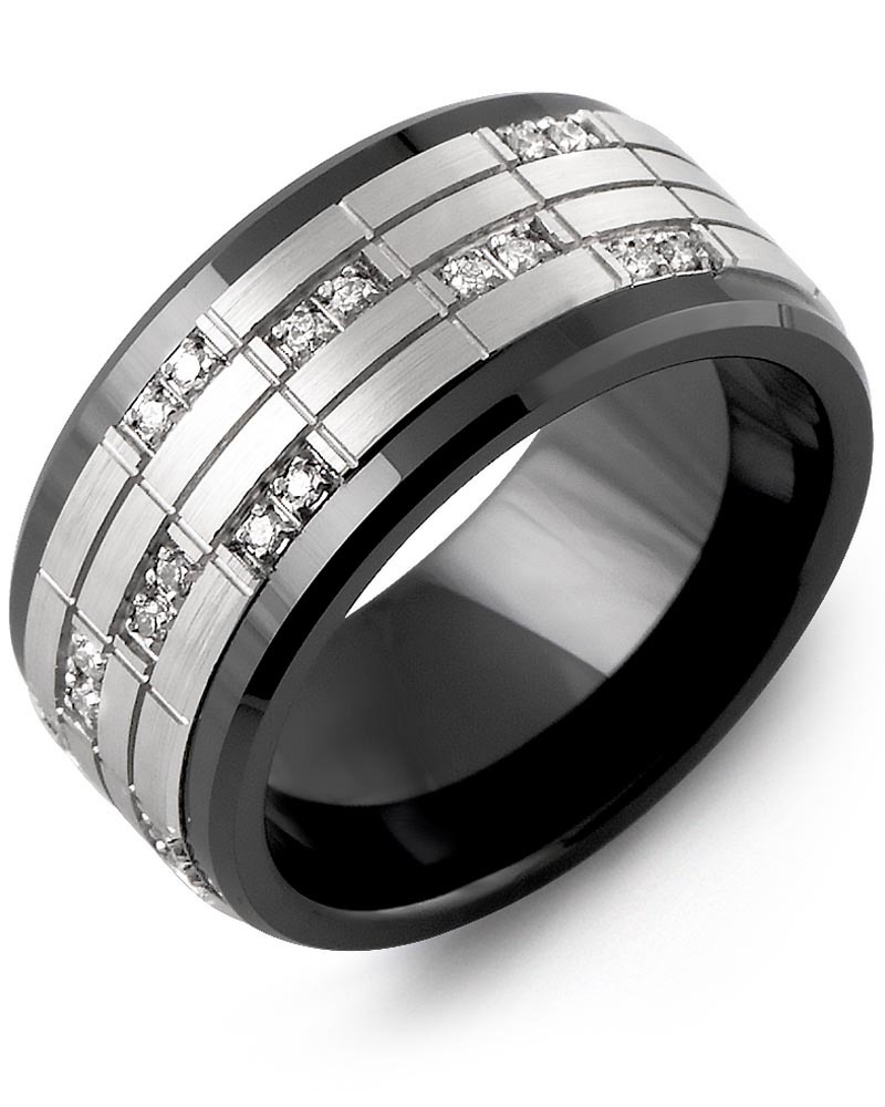 Men's & Women's Black Ceramic & White Gold + 20 Diamonds 0.20ct Wedding Band from MADANI Rings. Wedding bands, fashion rings, promise rings, made of Tungsten, Ceramic, Cobalt, and Gold. View the collection at madanirings.com