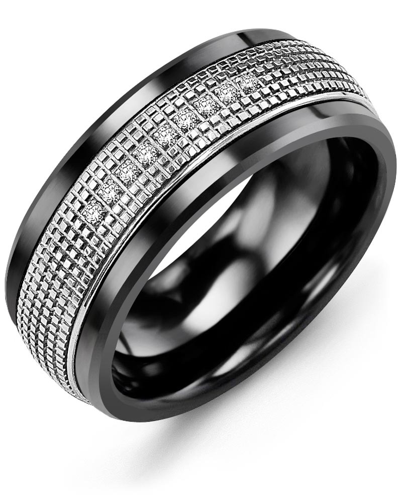 Men's & Women's Black Ceramic & White Gold + 9 Diamonds 0.09ct Wedding Band
