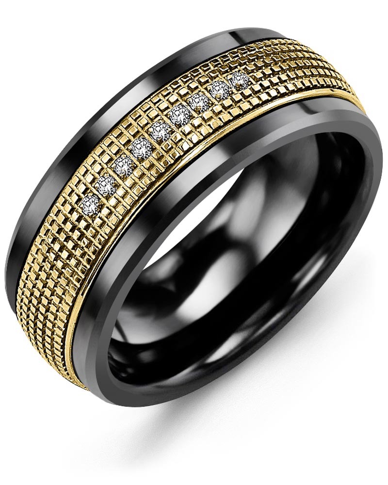 Men's & Women's Black Ceramic & Yellow Gold + 9 Diamonds 0.09ct Wedding Band