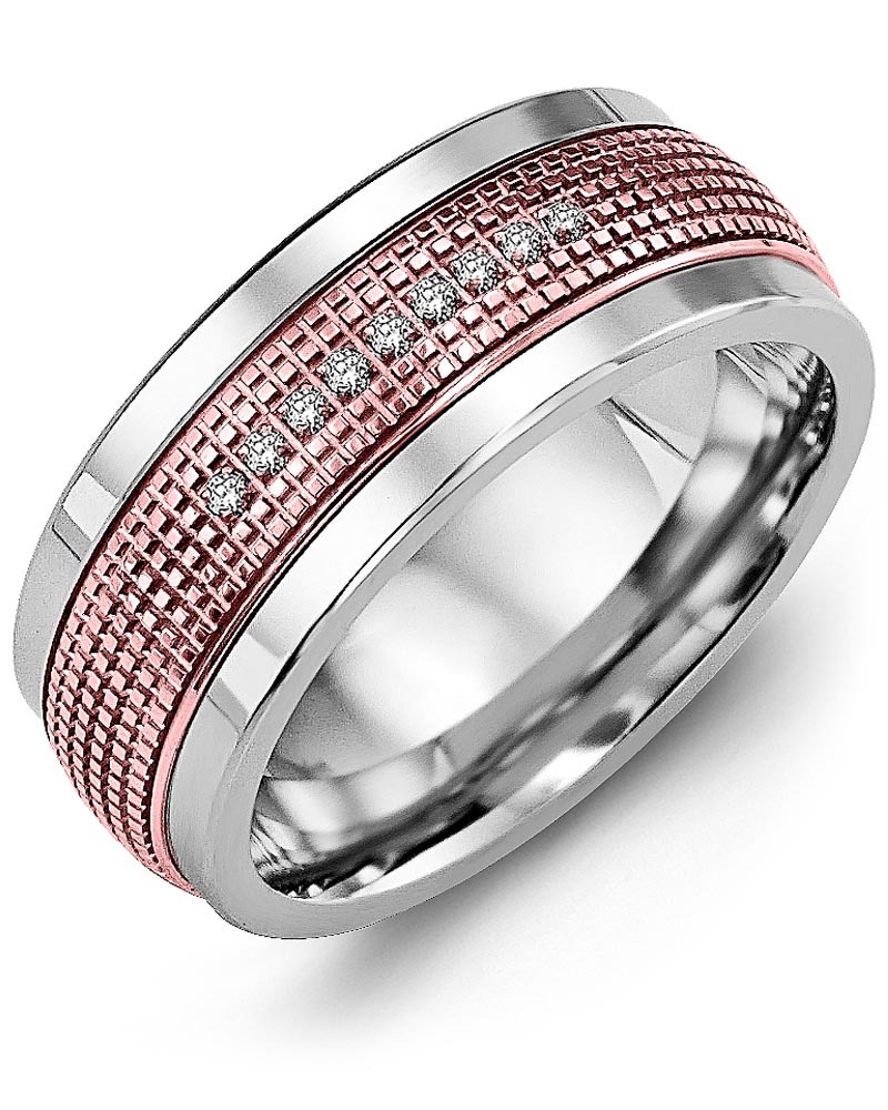 Men's & Women's White Gold & Rose Gold + 9 Diamonds 0.09ct Wedding Band