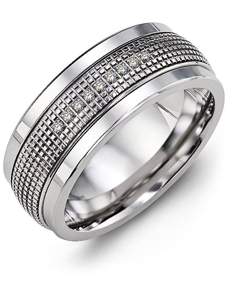 Men's & Women's Cobalt & White Gold + 9 Diamonds 0.09ct Wedding Band from MADANI Rings. Wedding bands, fashion rings, promise rings, made of Tungsten, Ceramic, Cobalt, and Gold. View the collection at madanirings.com