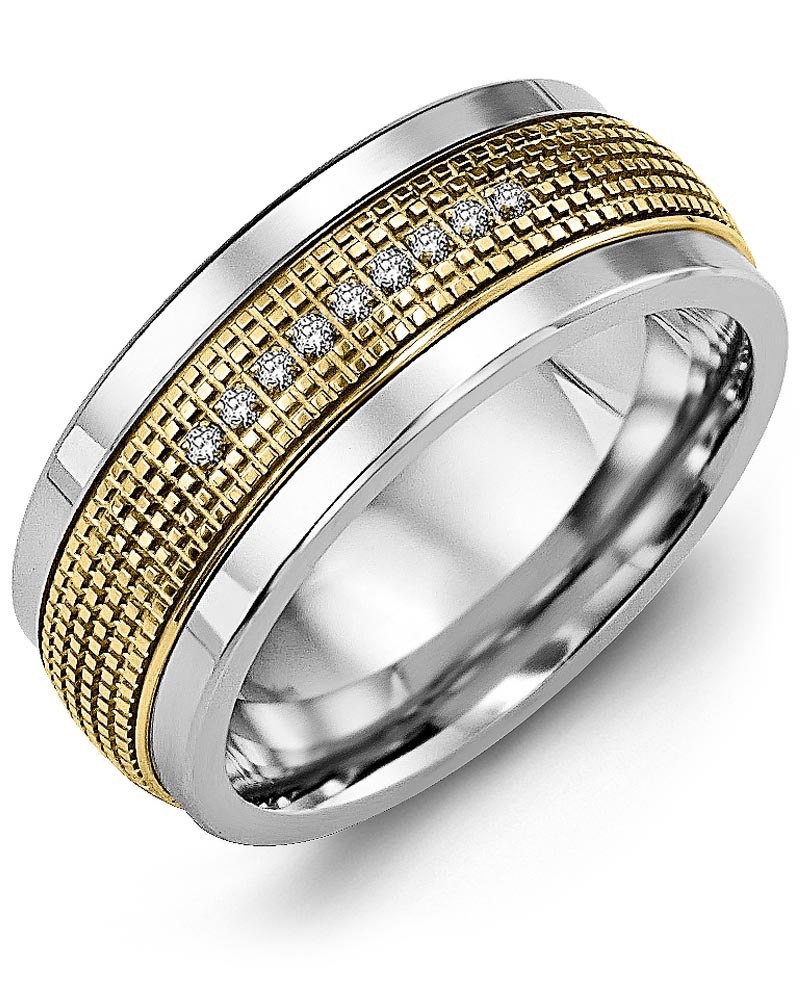 Men's & Women's White Gold & Yellow Gold + 9 Diamonds 0.09ct Wedding Band